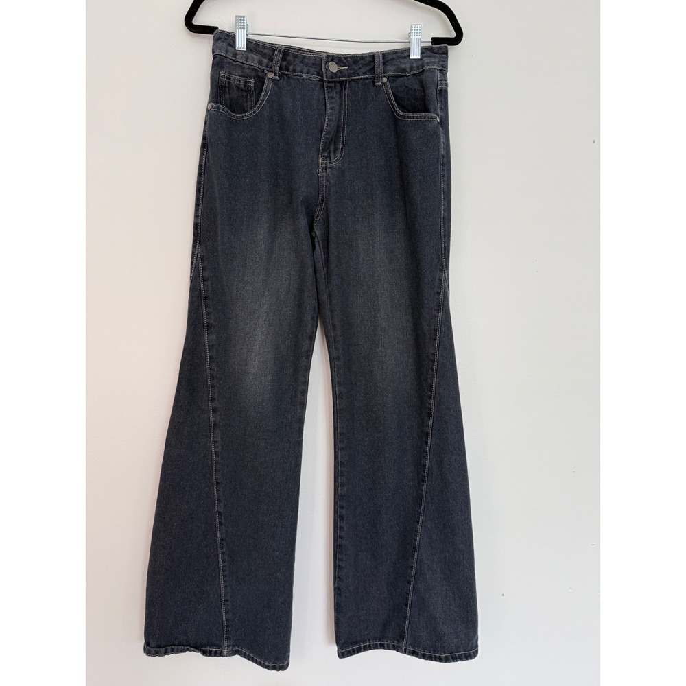 Women's Dark Wash Jeans Size 9 Wide Flare Leg with Diagonal Seam Detail